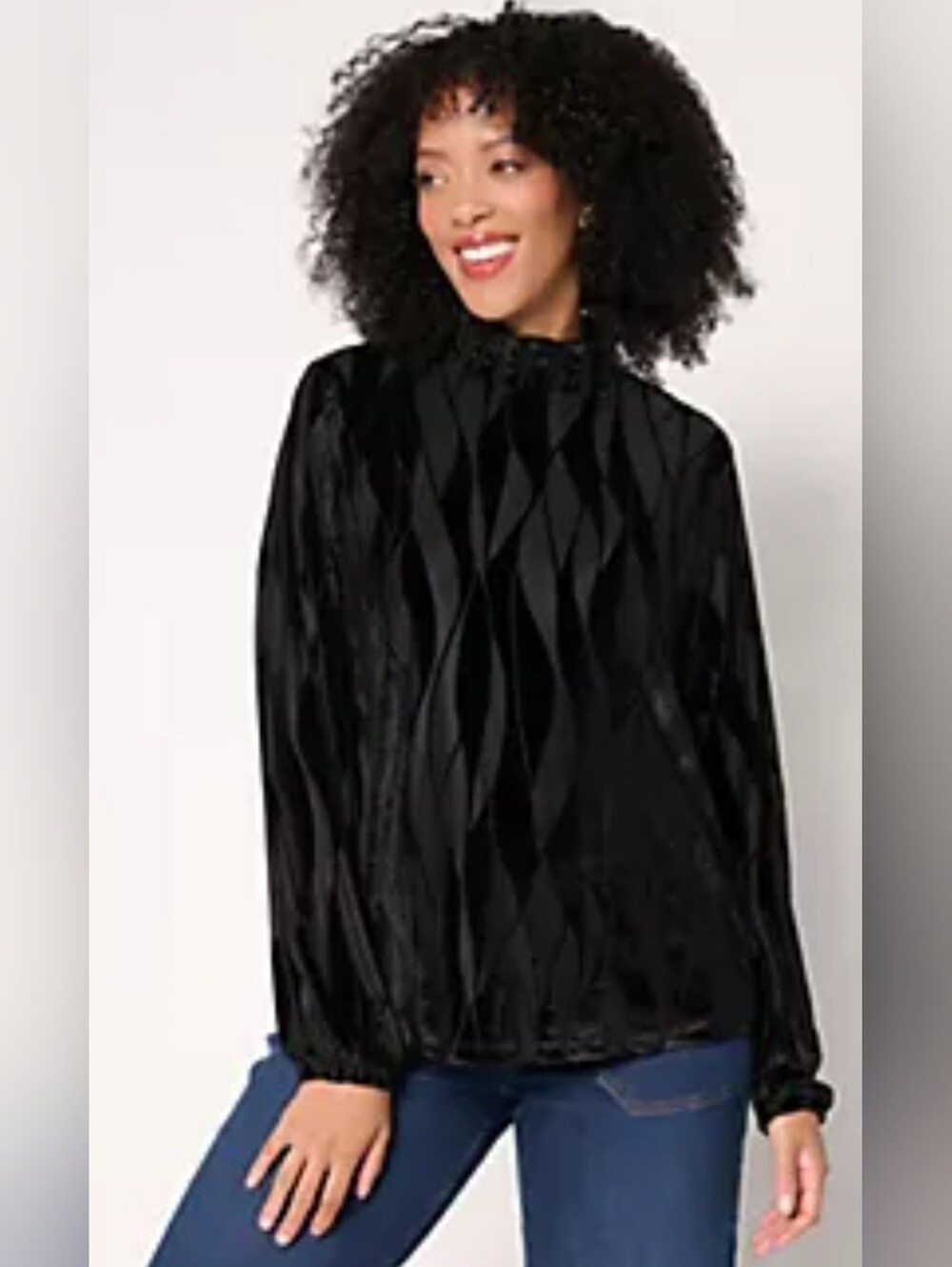Black Velvet Long-Sleeve Mock Neck Top XS